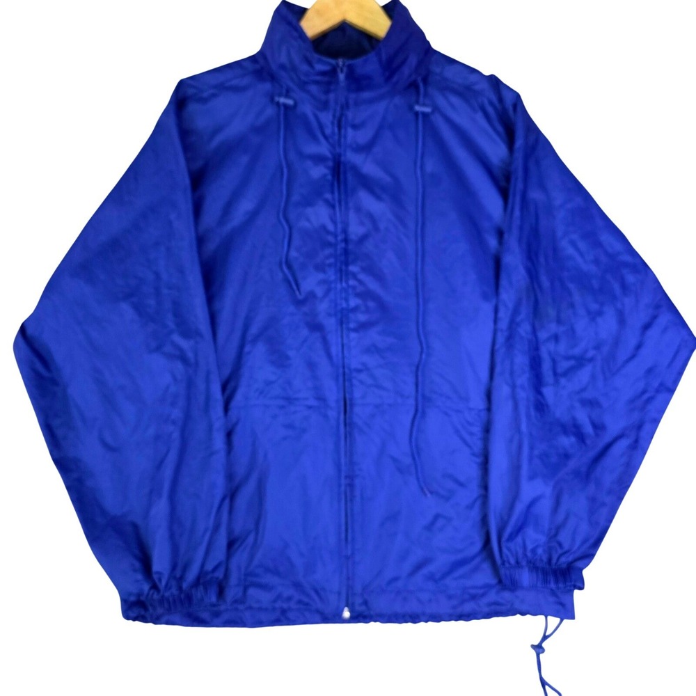 JAK PAC Mens Size M Packable Windbreaker Blue Full Zip Hood Stows In Collar